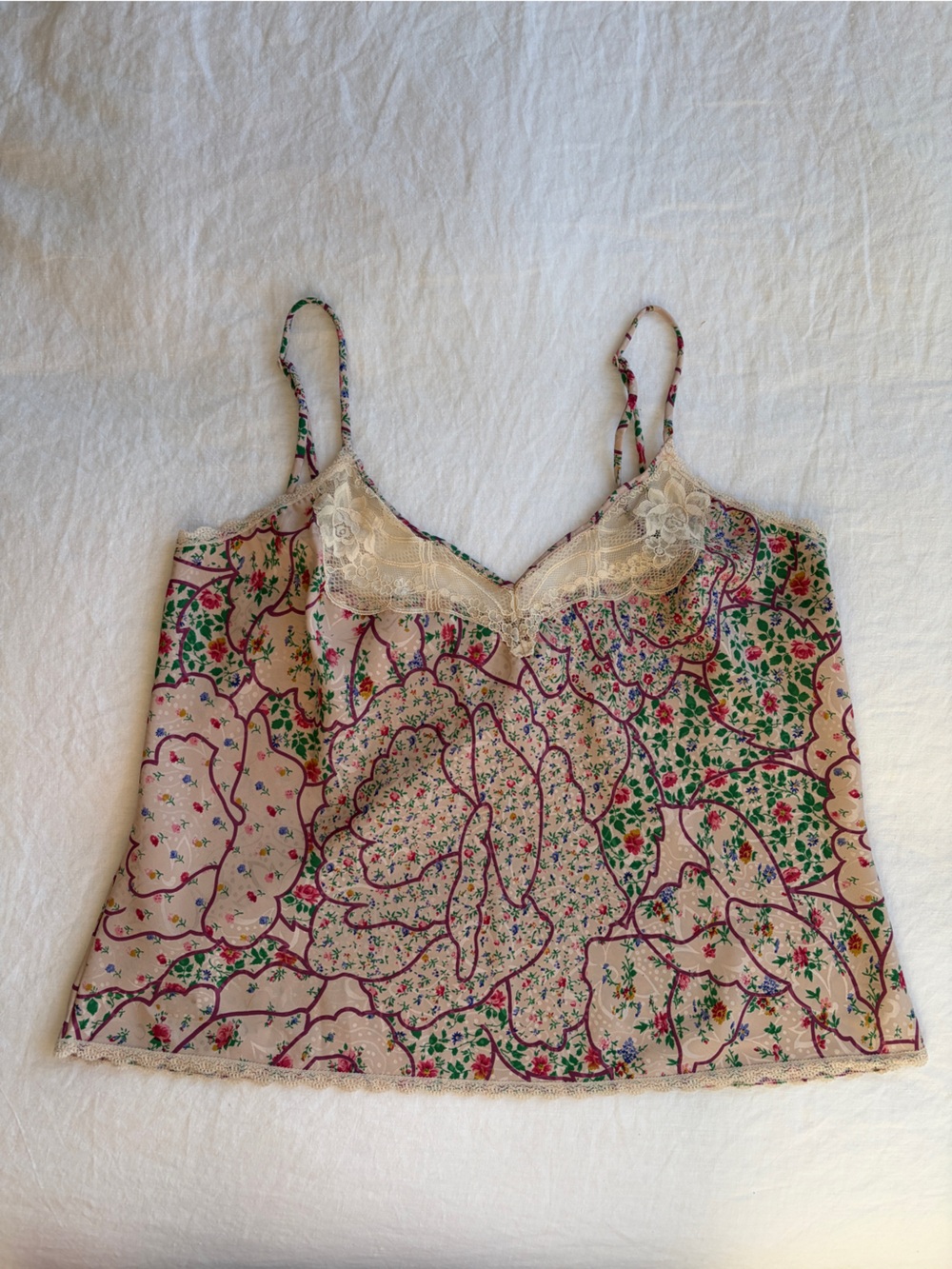 Vintage Valentino Lace Silky Floral Patch Camisole Tank Top Cream Tan Pink